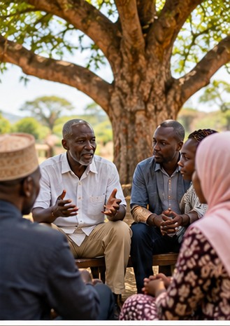 Community members sharing a conversation outdoors
